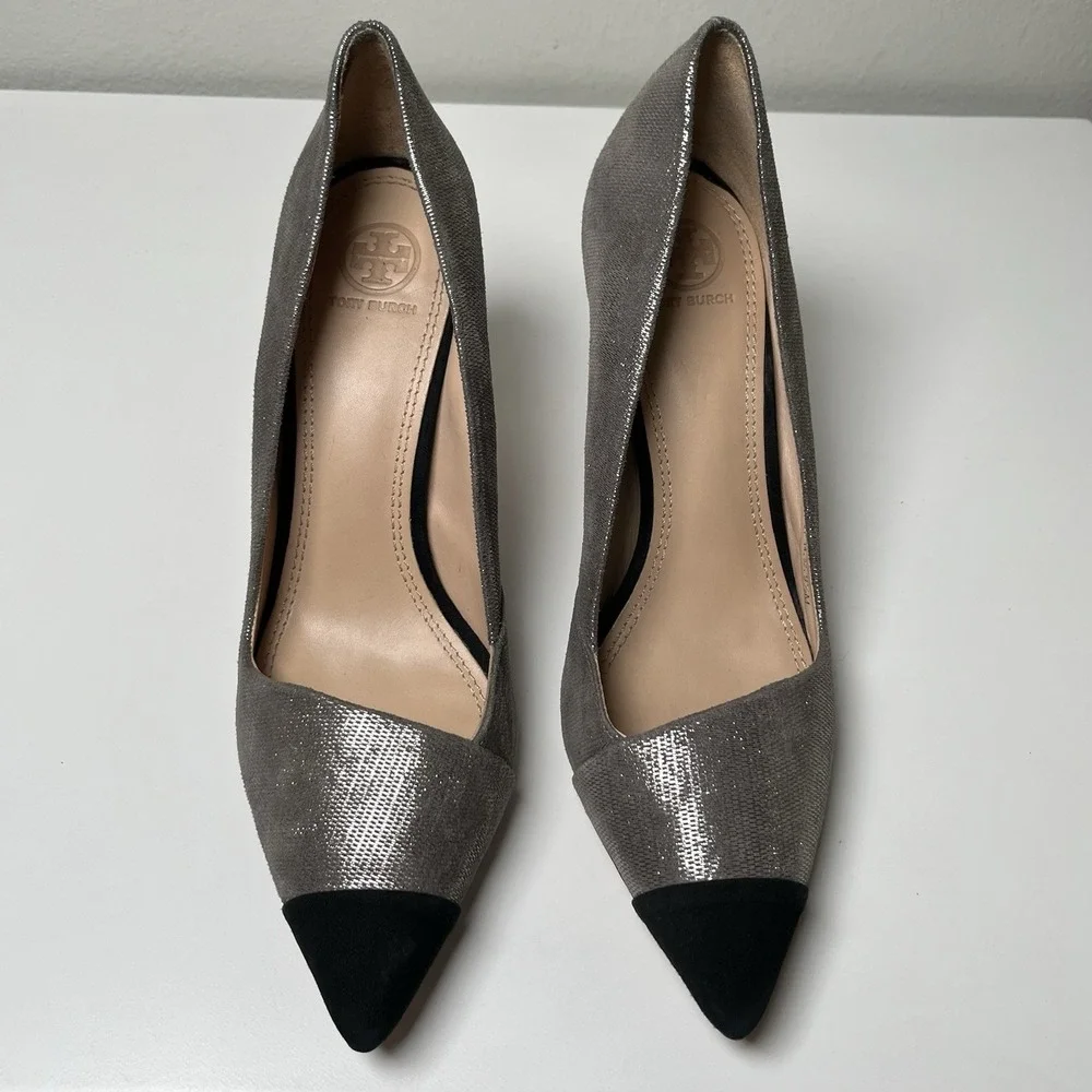 Tory Burch Women's  Silver Black Metallic Shaila Cap Toe Pumps Sz 9.5 Heels Work